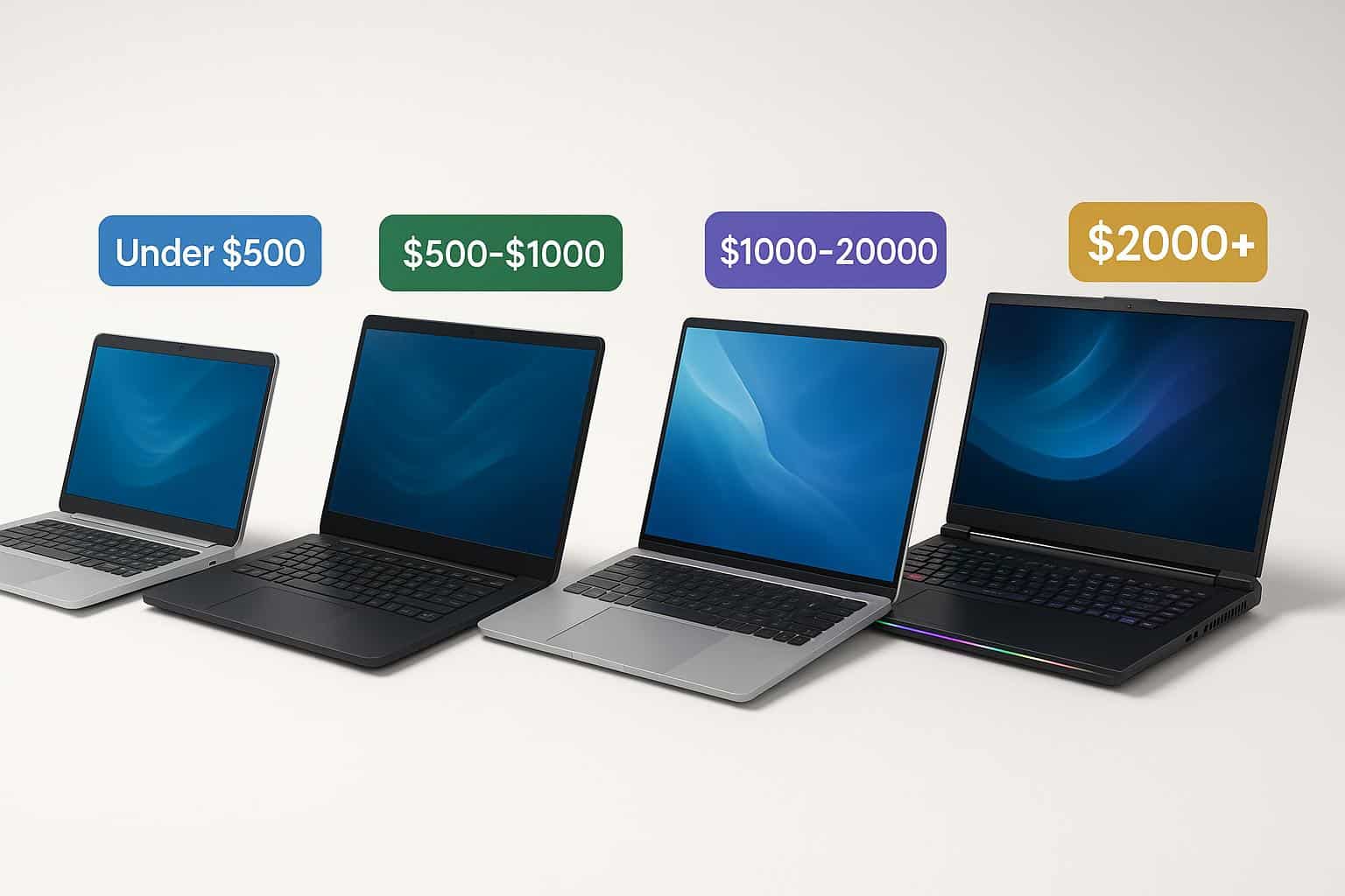 Four laptops representing different budget categories for Australian laptop buyers