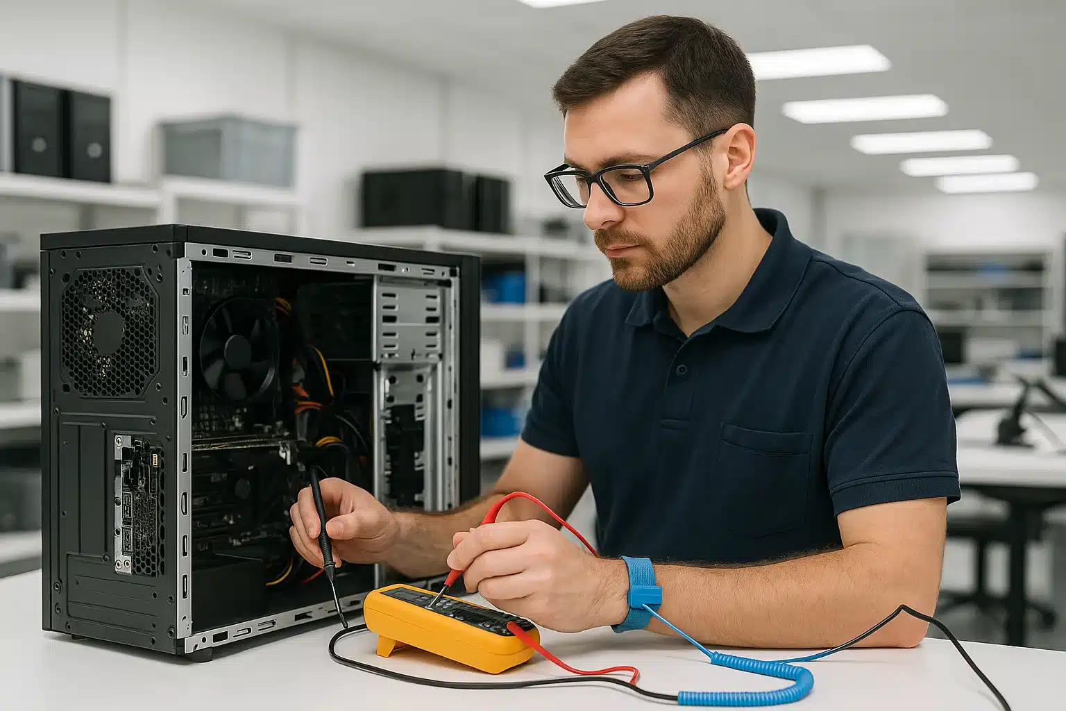 IT technician testing and inspecting desktop computer in refurbishment facility