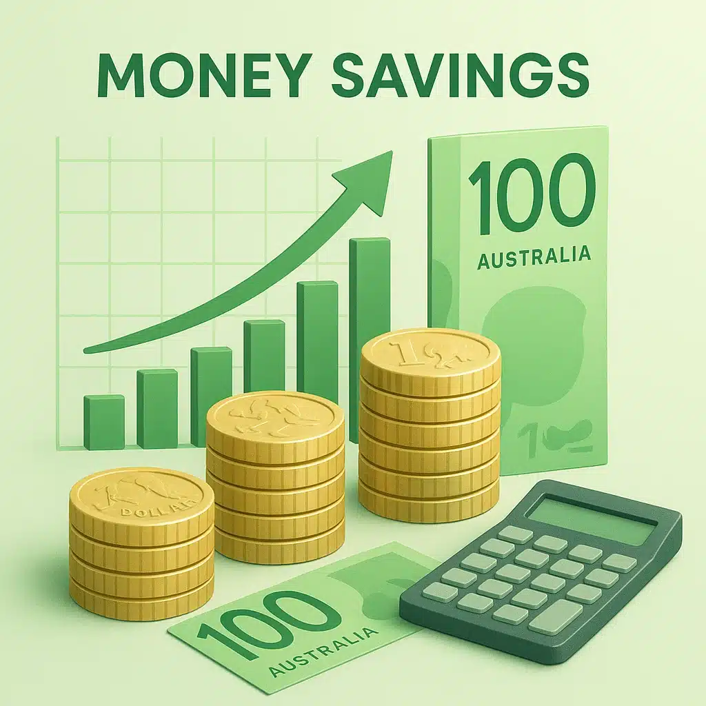 Financial savings visualization with Australian dollars, calculator, and growth chart